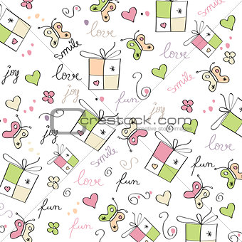 hand draw texture - seamless pattern with hearts, gifts, butterf