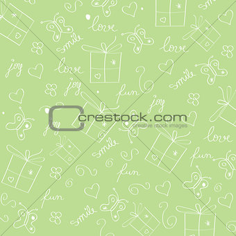 hand draw texture - seamless pattern with hearts, gifts, butterf