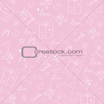 hand draw texture - seamless pattern with hearts, gifts, butterf