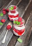 Delicious dessert  with fresh raspberry and mint