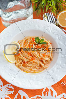 Spaghetti with red caviar
