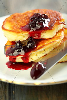 Pancakes with ricotta closeup.