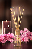 air freshener sticks at home with flowers and ou of focus backgr