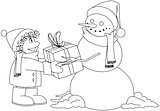 Christmas Snowman Gives Present To Boy Coloring Page