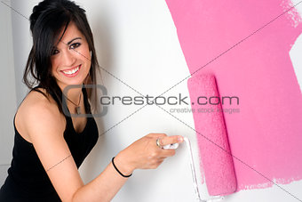 Woman Determined Paint Life Smiling Pink Roller