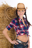 Country Girl Standing Barn Scene Haybale Pigtails