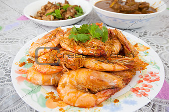 Cooked Whole Prawns with Garlic Sauce Closeup