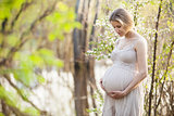 Young pregnant woman against blossoming tree in spring