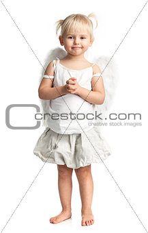 Cute little girl with angel wings over white