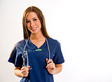 Vibrant Nurse Smiles at Camera Holding Stethoscope