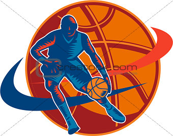 Basketball Player Dribbling Ball Woodcut Retro