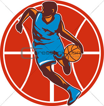 Basketball Player Dribble Ball Front Retro