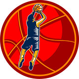 Basketball Player Jump Shot Ball Woodcut retro