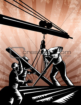 Construction Team Workers Woodcut Retro Poster 
