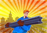 Steel Worker Carry I-Beam Retro Poster