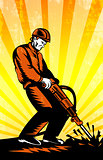 Construction Worker Jackhammer Retro Poster