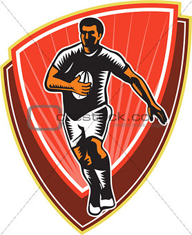 Rugby Player Running Ball Front Woodcut
