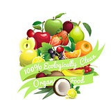 Circle shape contains different fruits with ribbon label "100% e