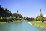 View of city Salzburg and Salzach river, Austria