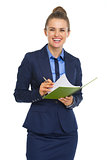 Smiling business woman with notepad