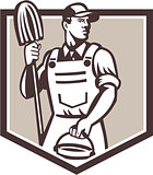 Janitor Cleaner Holding Mop Bucket Shield Retro
