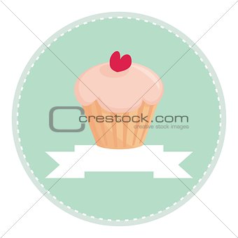 Sweet retro cupcake with heart on mint green isolated on white background