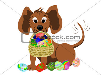dog with basket of easter eggs in mouth