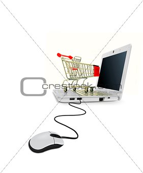 Computer Laptop with Mouse and Shopping Cart