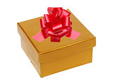 Beautiful golden gift box with red bow isolated on white