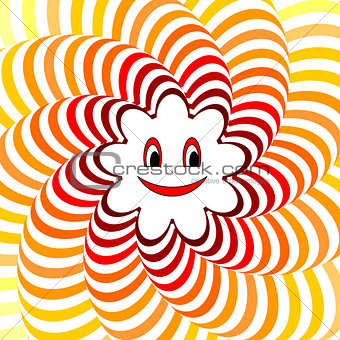 Cartoon smiling sun. Colorful striped twisting background
