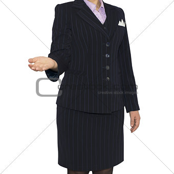 Woman in suit holding his hand before him