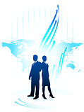 Businessman and businesswoman on world map background