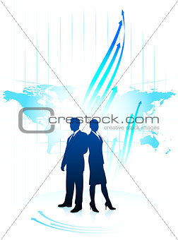 Businessman and businesswoman on world map background
