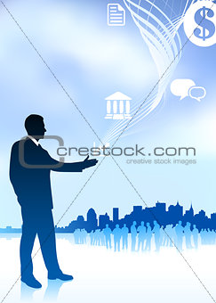 businessman with icons new york skyline and internet background