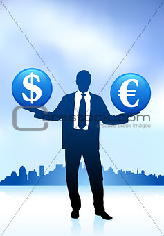 businessman holding money symbol icon internet background