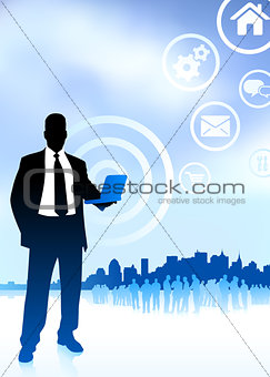 businessman holding computer