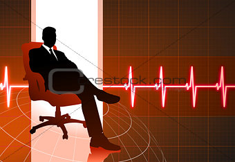 businessman sitting red internet background