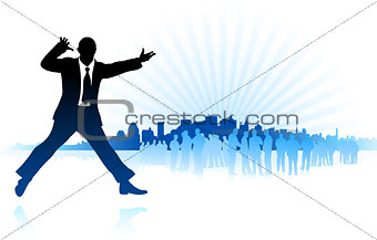 businessman with city on blue background