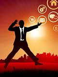 excited businessman on internet sunset background and skyline