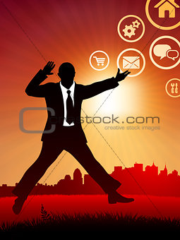 excited businessman on internet sunset background and skyline
