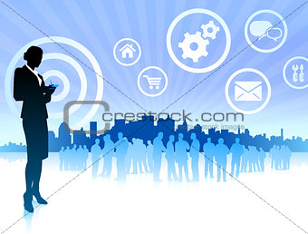 business woman on internet skyline background with icons