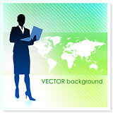 Businesswoman with World Map on Vector Background