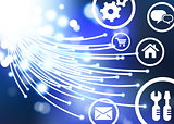 Fiber Optic cable internet background with online icons and butt