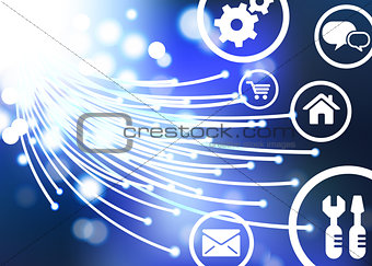 Fiber Optic cable internet background with online icons and butt