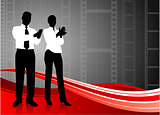 business team clapping on film reel background 