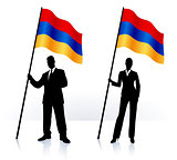 Business silhouettes with waving flag of Armenia