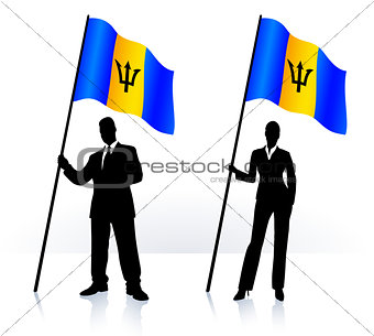 Business silhouettes with waving flag of Barbados
