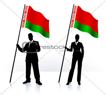Business silhouettes with waving flag of Belarus 
