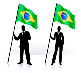 Business silhouettes with waving flag of Brazil