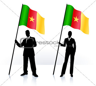 Business silhouettes with waving flag of Camerun